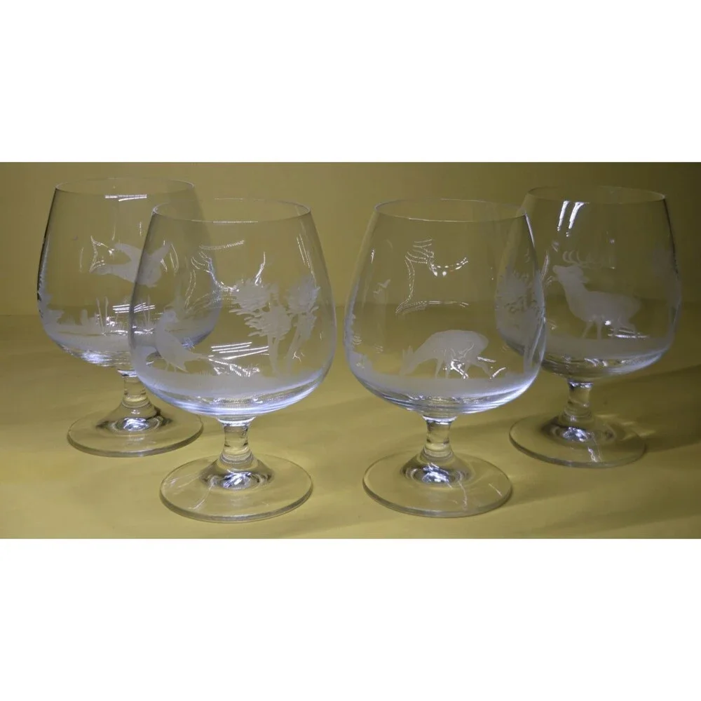 Set Of 4 Brandy Snifters Etched Animals Birds Cognac Glasses Wildlife Glasses 6